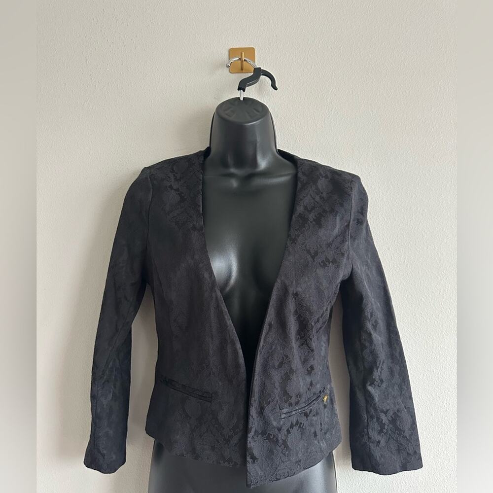 Vintage y2k Guess Black Jacquard Blazer Jacket Gold Logo Plate Fitted Size S
